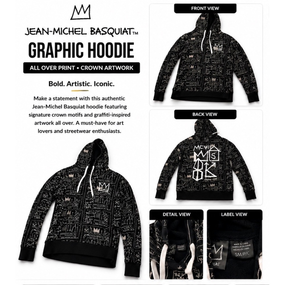Jean-Michel Basquiat Hoodie S/M Black White All Over Graphic Crown Streetwear